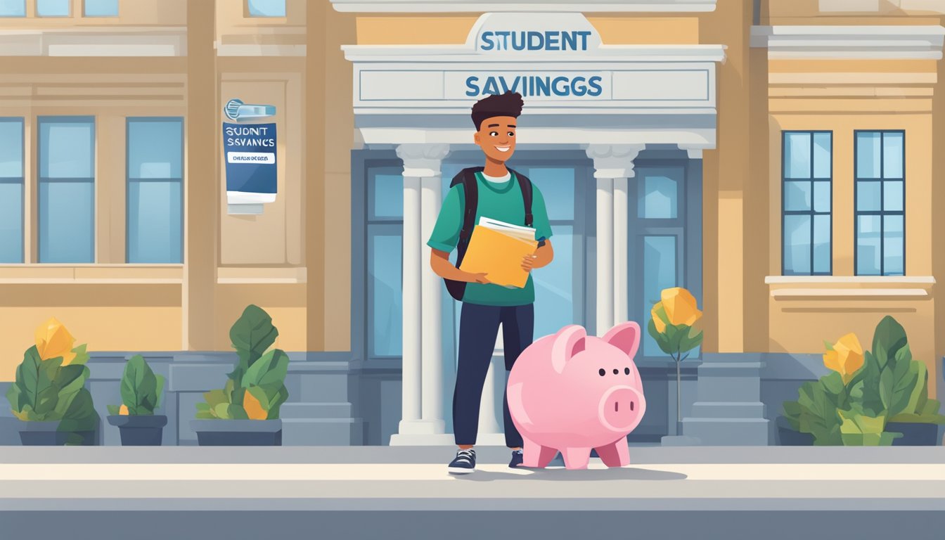 A student holding a textbook and a piggy bank, standing in front of a bank with a sign displaying "Student Savings Accounts."