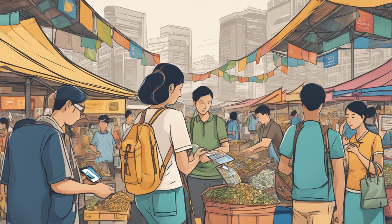 A traveler swiping a credit card at a bustling Singaporean market, with international currency symbols and a globe in the background