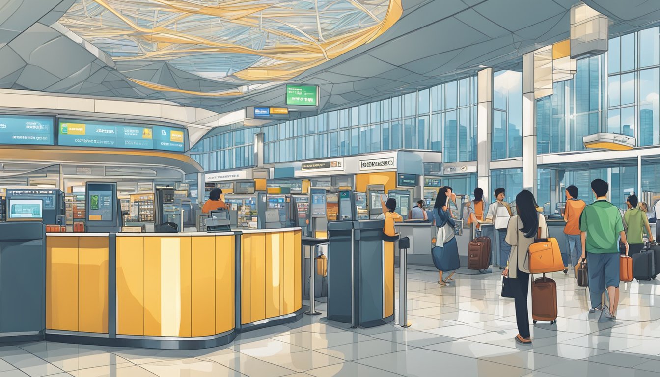 A bustling airport terminal in Singapore, with a backdrop of iconic skyscrapers. A traveler confidently swipes a credit card at a duty-free shop