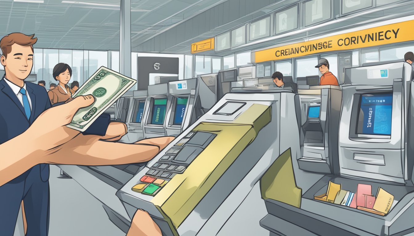 A traveler swiping a credit card at a foreign terminal, with a sign warning against dynamic currency conversion. Text on the card reads "Best for overseas spending in Singapore."
