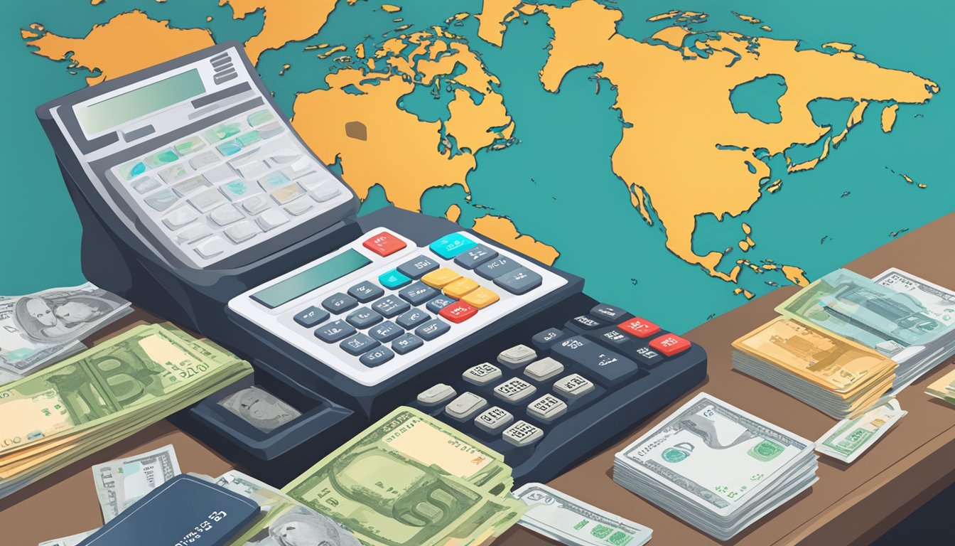 A person comparing credit cards with a world map, foreign currency, and a calculator on a table
