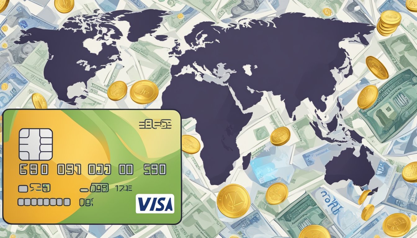 A credit card surrounded by international symbols, with a globe and currency exchange rates in the background