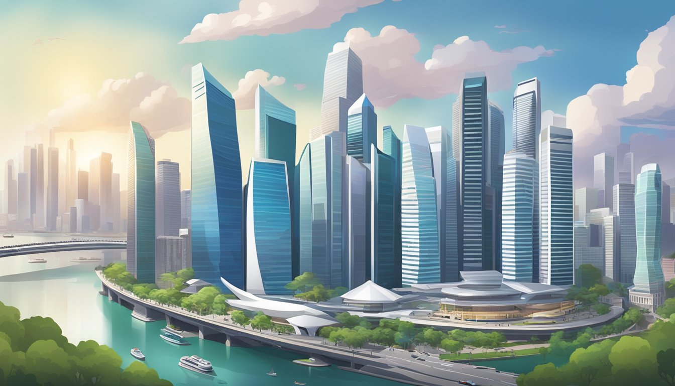 A bustling cityscape with iconic landmarks and modern skyscrapers, showcasing the technological advancement and connectivity of Singapore
