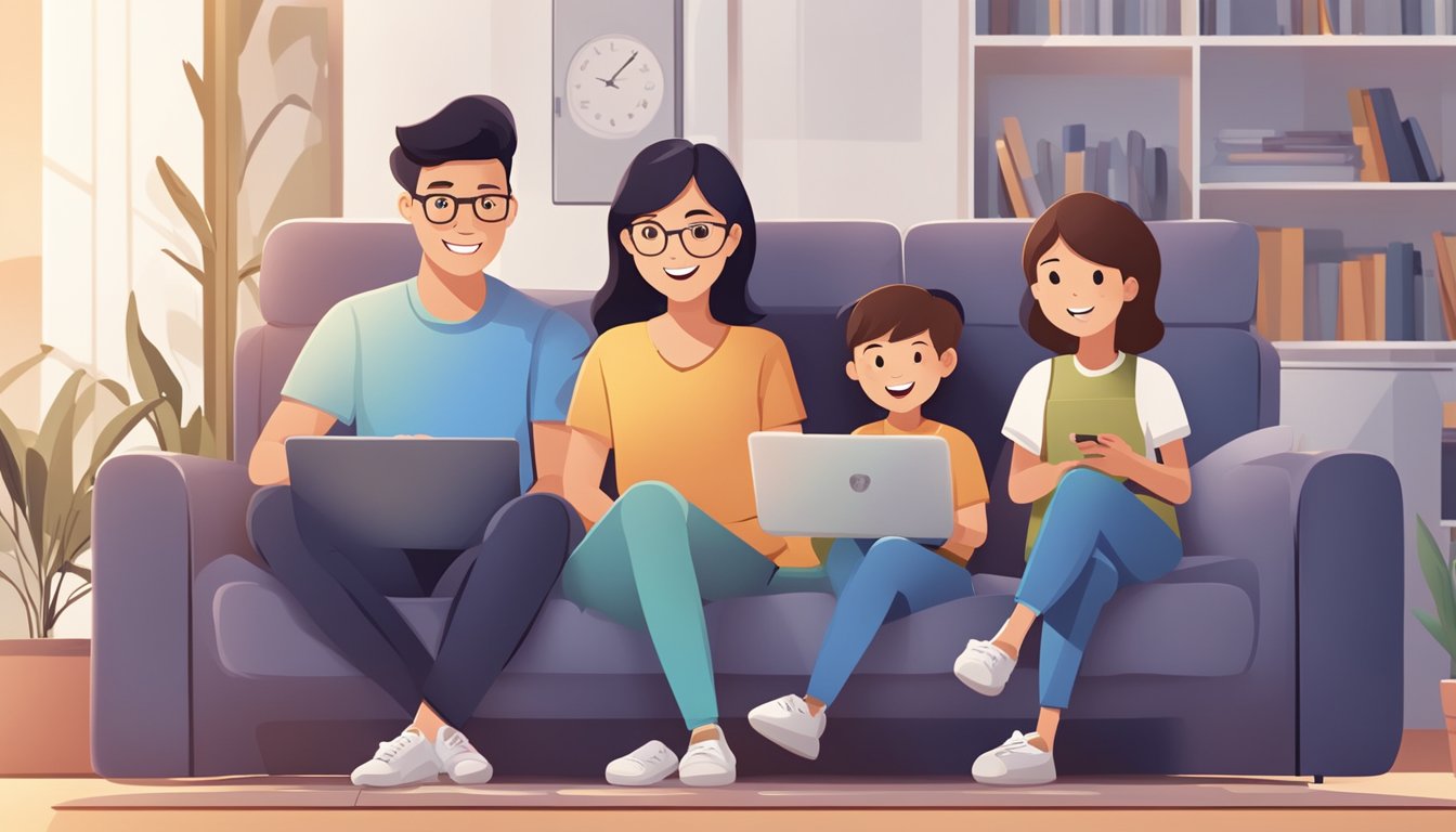 A family happily streams movies and games on multiple devices with fast, reliable internet from the best broadband provider in Singapore