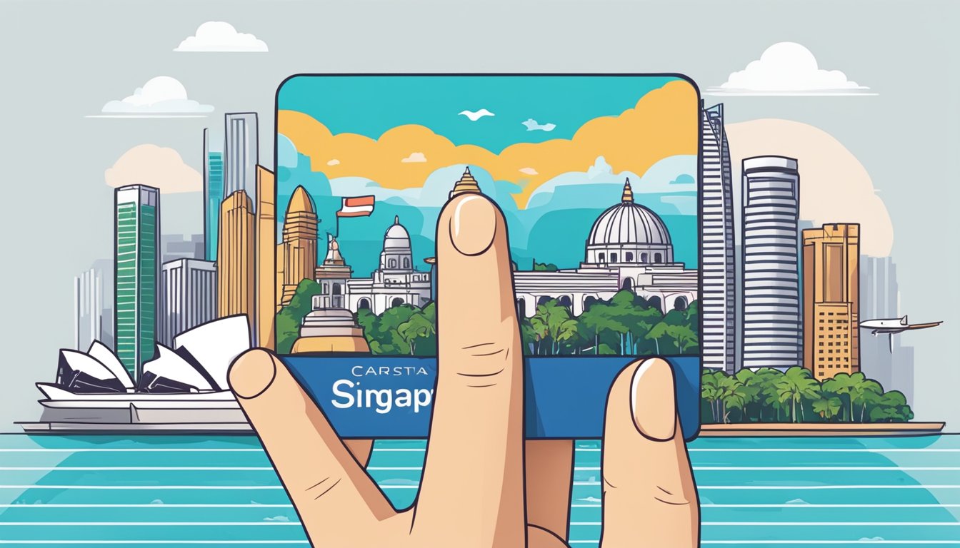 A hand holding a Miles card with iconic Singapore landmarks in the background