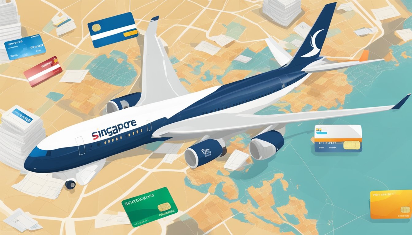 A table with various credit cards, a map of Singapore, and an airplane flying above, representing the concept of miles credit cards in Singapore