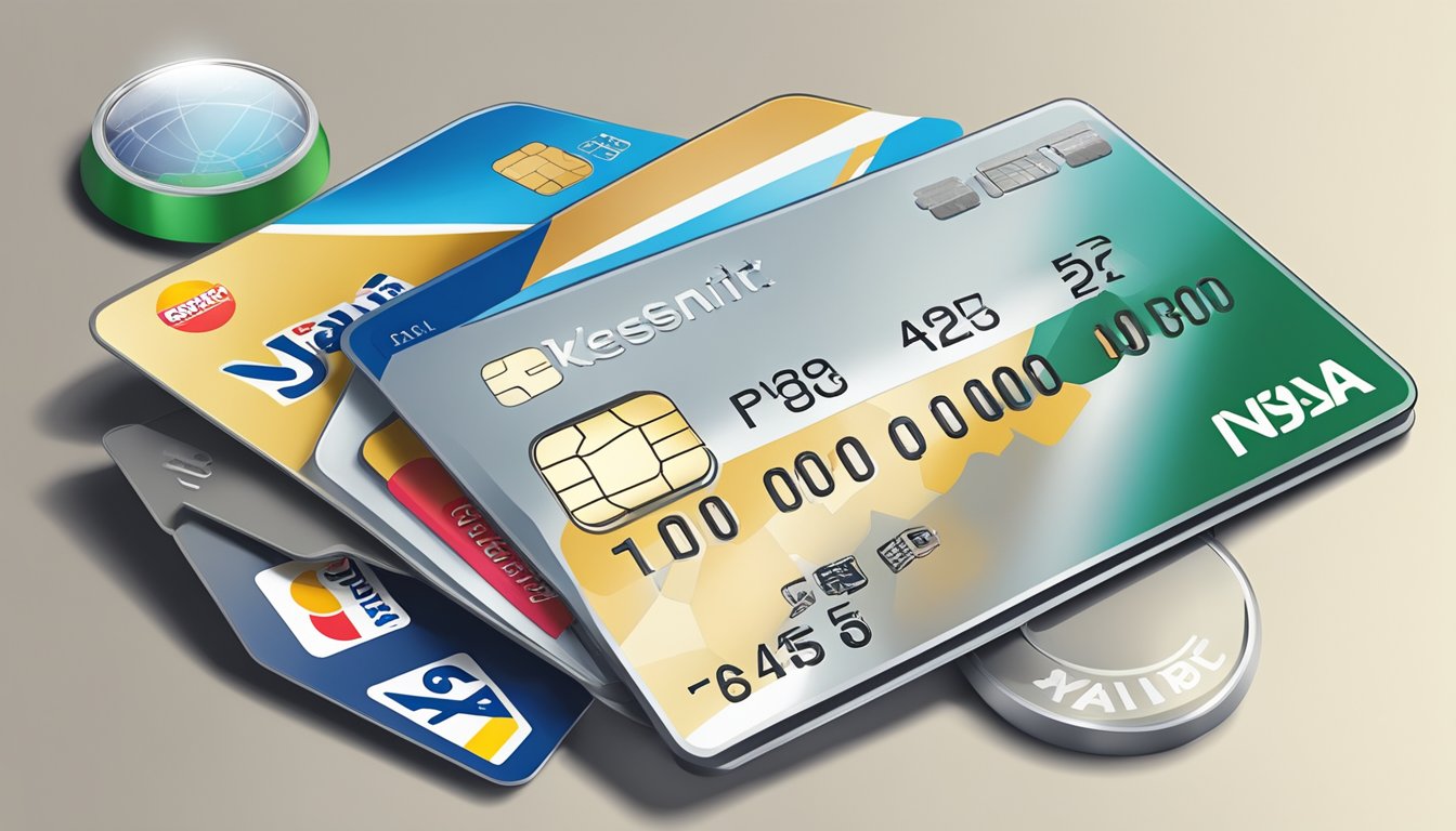 A table with three credit cards displayed, each labeled with the name of a different airline. A magnifying glass hovers over the cards, indicating comparison