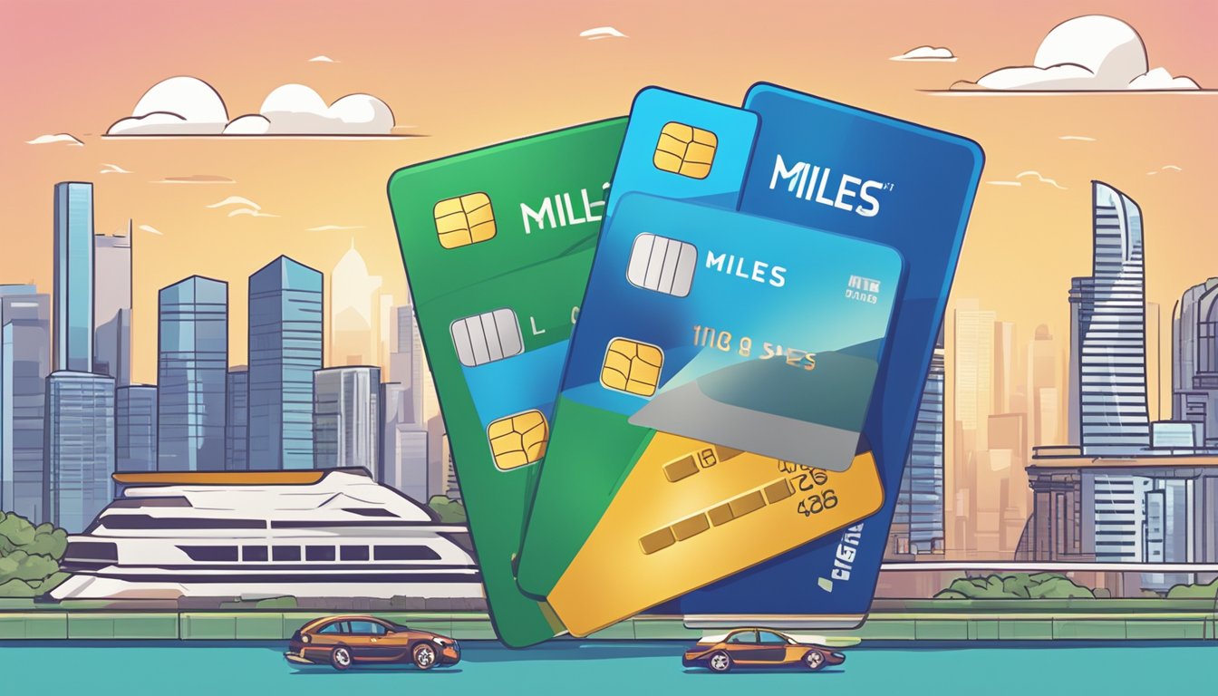 A stack of credit cards with "Miles" written on them, set against a Singapore cityscape backdrop