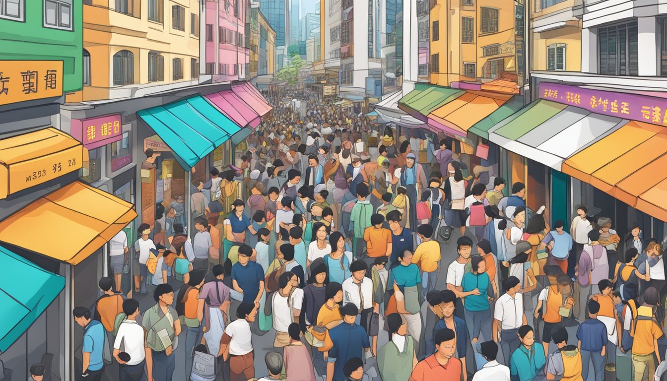 A crowded street in Singapore with colorful money changer signs and people exchanging currency