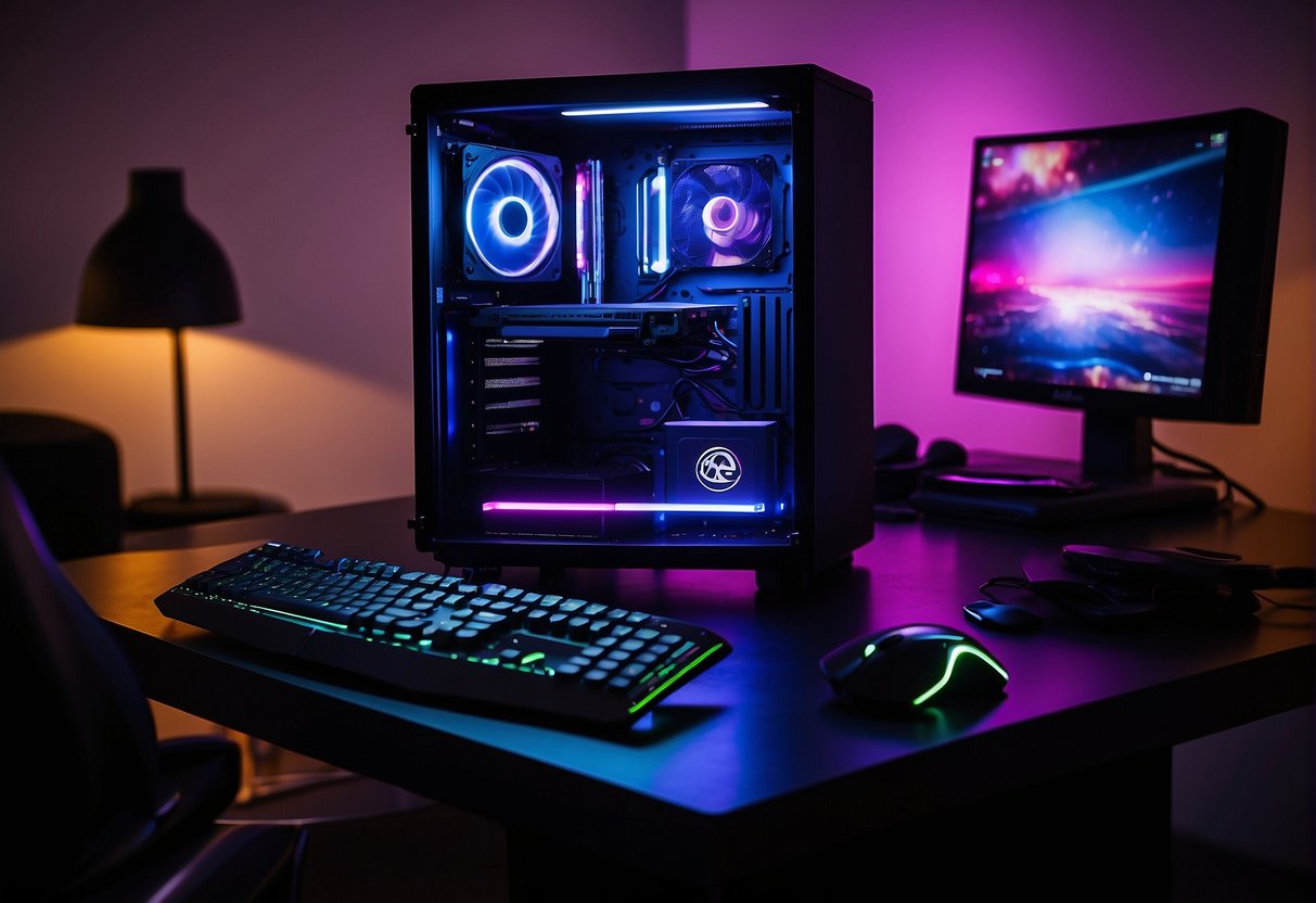 A stack of sleek PC gaming cases, illuminated by colorful LED lights, arranged on a modern desk with a high-tech keyboard and mouse nearby