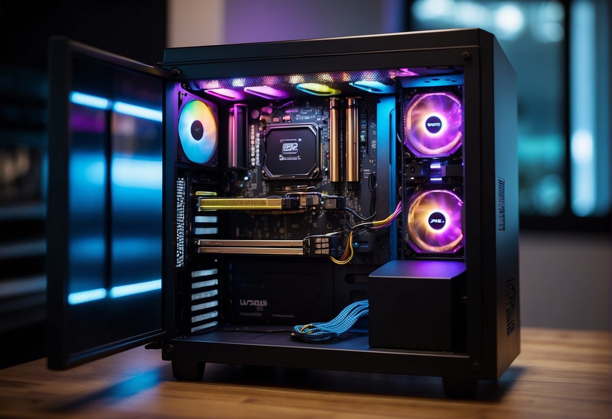 A PC gaming case sits on a desk, cables neatly organized inside. The case features a transparent side panel, revealing colorful internal components