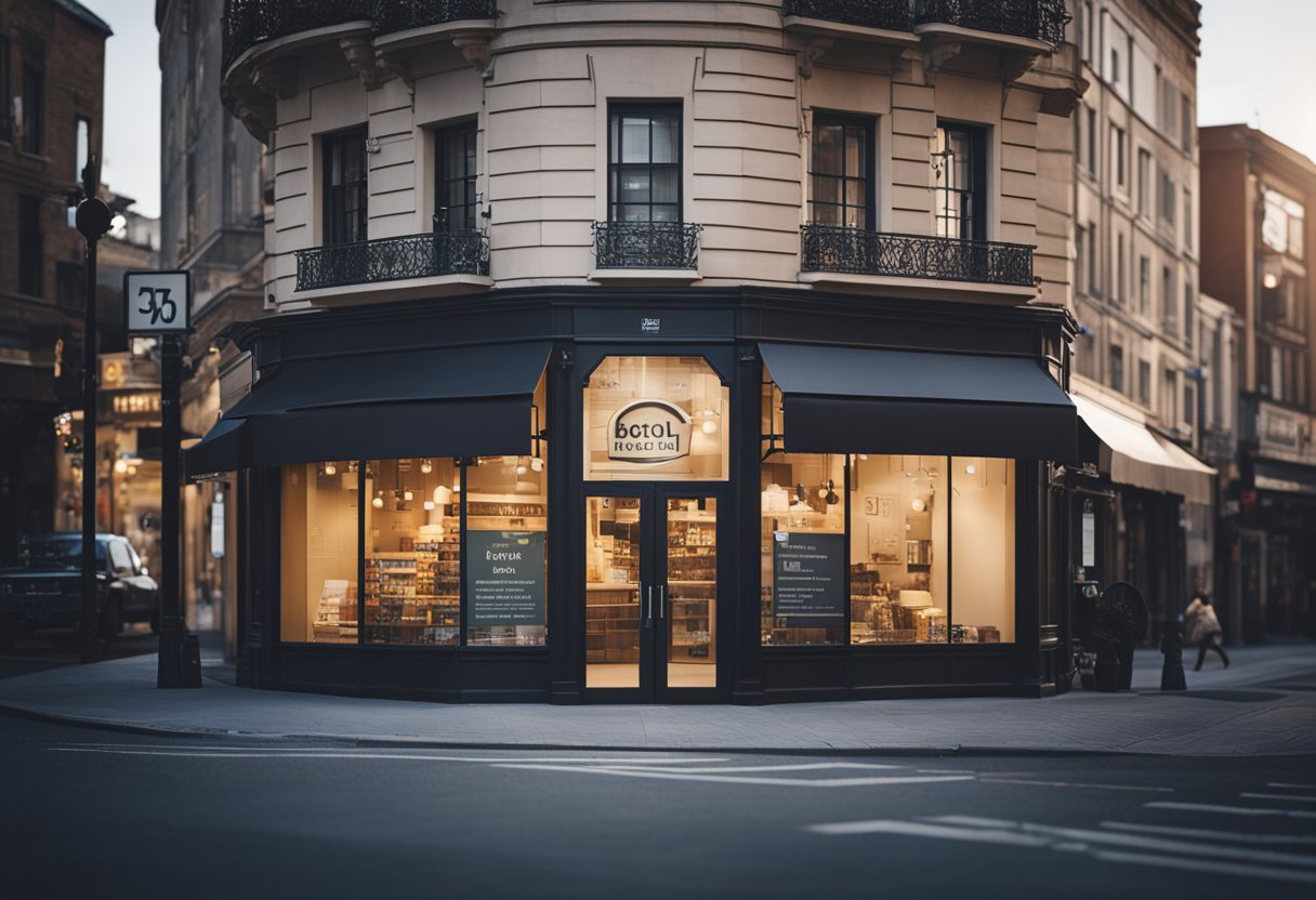 A storefront with a prominent sign and a map marker indicating its location on a busy street corner
