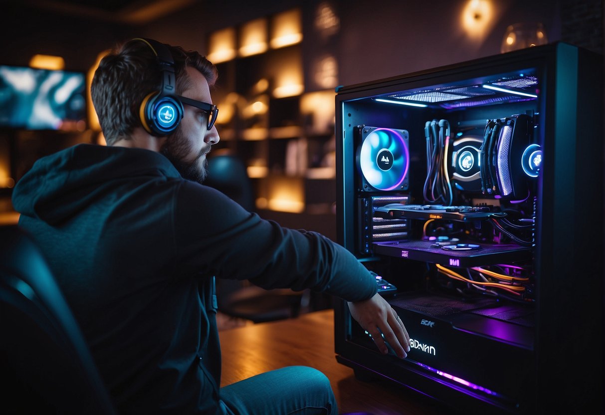 A gamer carefully selects a sleek PC gaming case from a display of various options, considering its design and features
