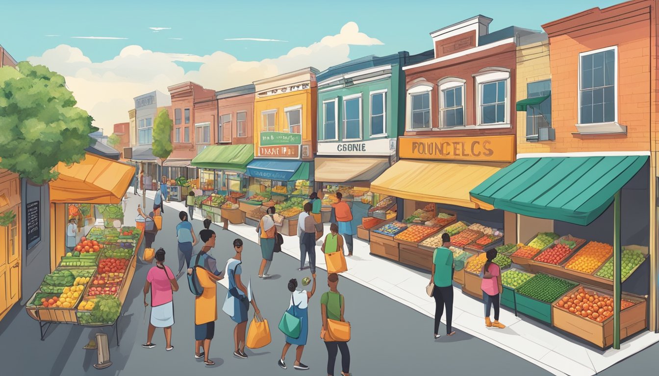 A bustling local market with colorful storefronts, a variety of produce, and signs displaying acceptance of CDC vouchers