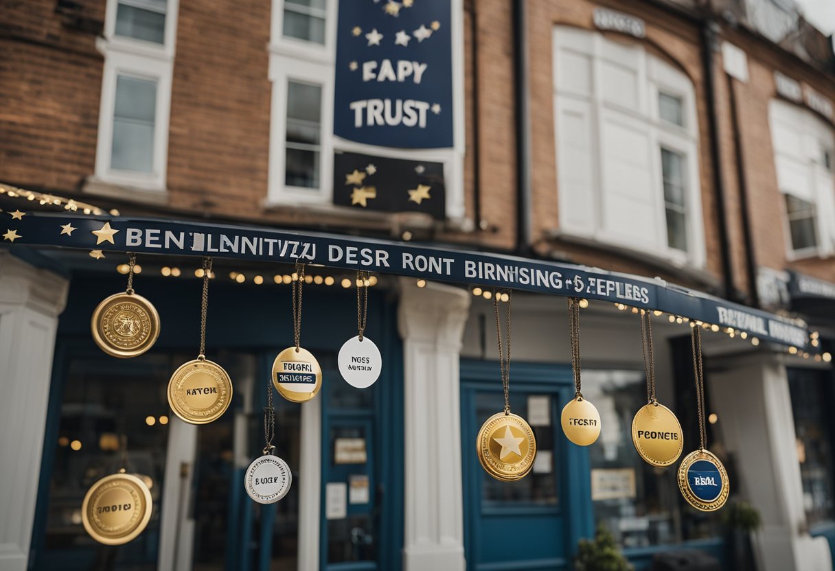 Customers leaving positive reviews on a local business. Trust badges and stars displayed on the website. Local landmarks in the background