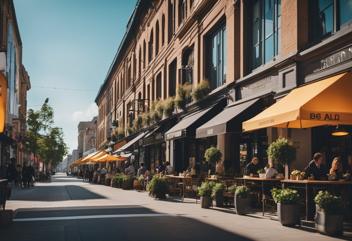 Various business types in a city setting, such as restaurants, boutiques, and service providers, with visible signs and storefronts. Busy streets with pedestrians and cars. Bright and vibrant colors