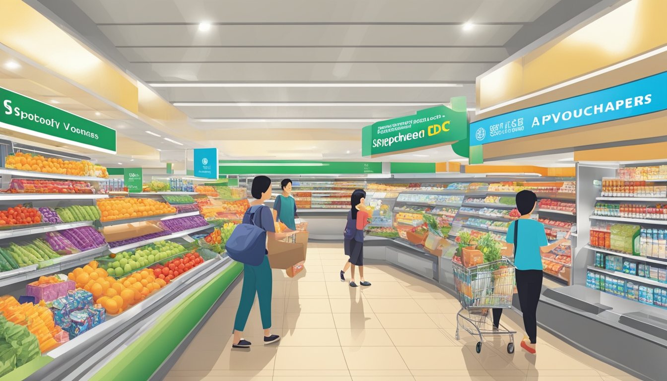 Shoppers redeeming CDC vouchers at approved supermarkets in Singapore. Displays of voucher acceptance prominently featured