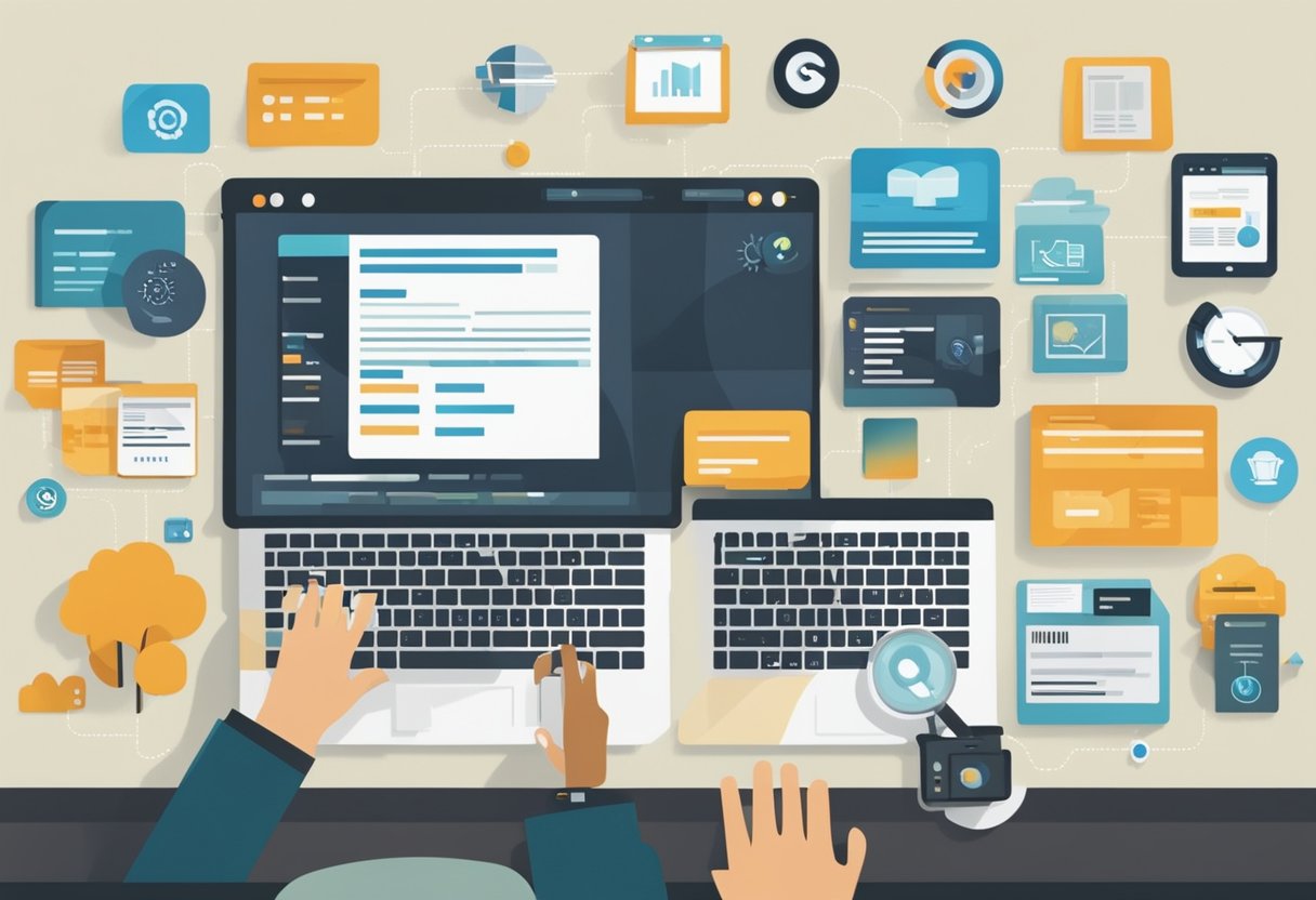 A person typing on a computer, surrounded by keyword research tools and local SEO tips. The screen displays search intent data