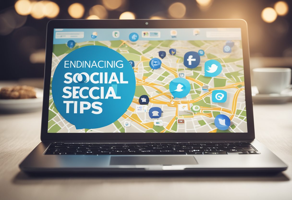 A laptop displaying social media icons and a map with location markers. Text reads "Enhancing Online Presence with Social Media Local SEO Tips."