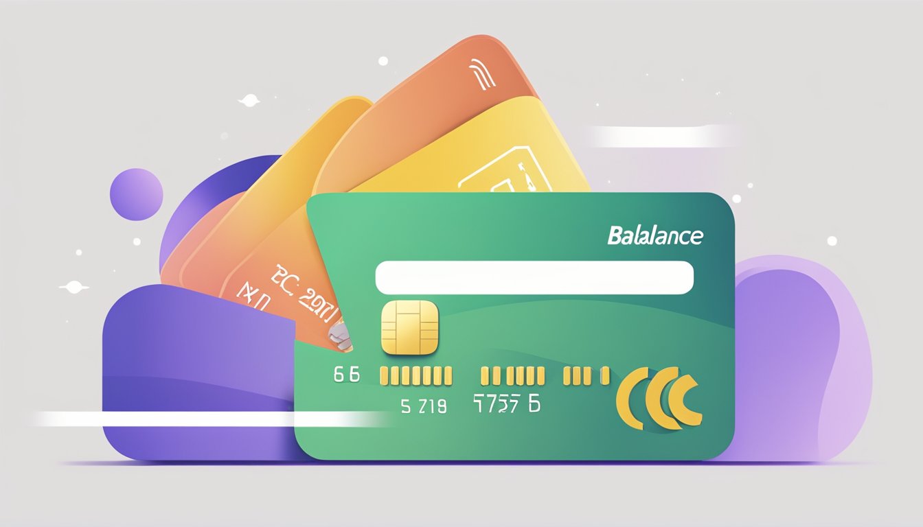 A credit card being used to transfer a balance, with a credit score fluctuating in the background