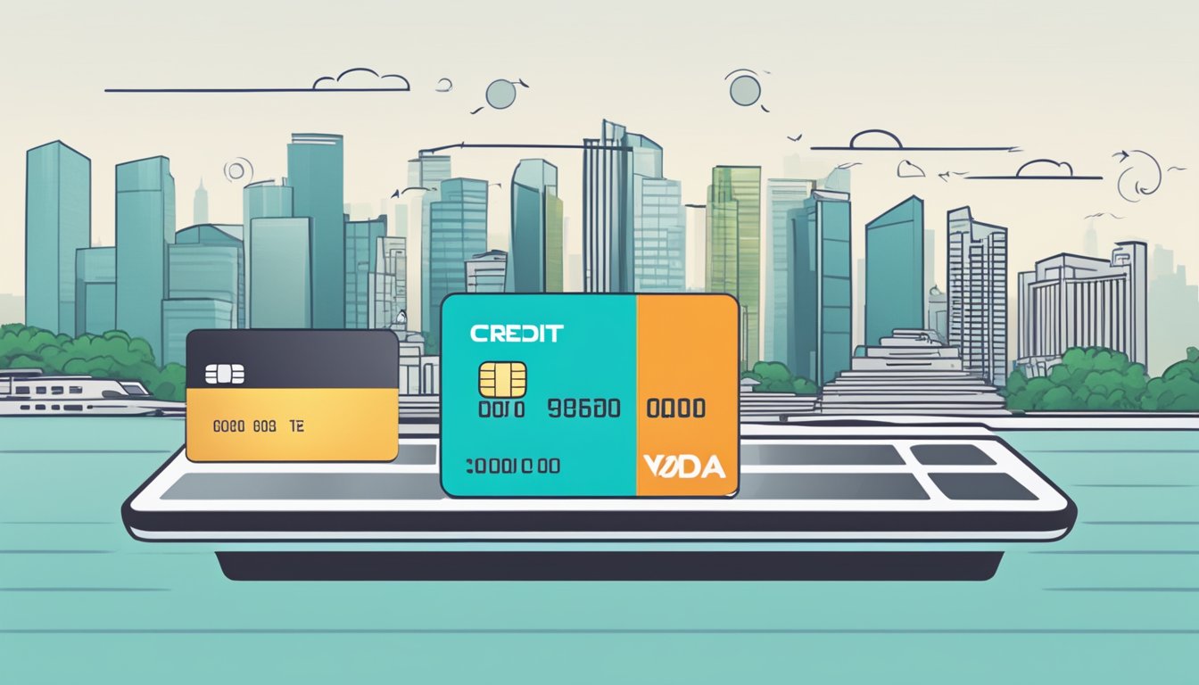 A credit card hovering over a scale, with arrows pointing to "effective balance transfer use" on one side and "credit score" on the other. Singapore skyline in the background