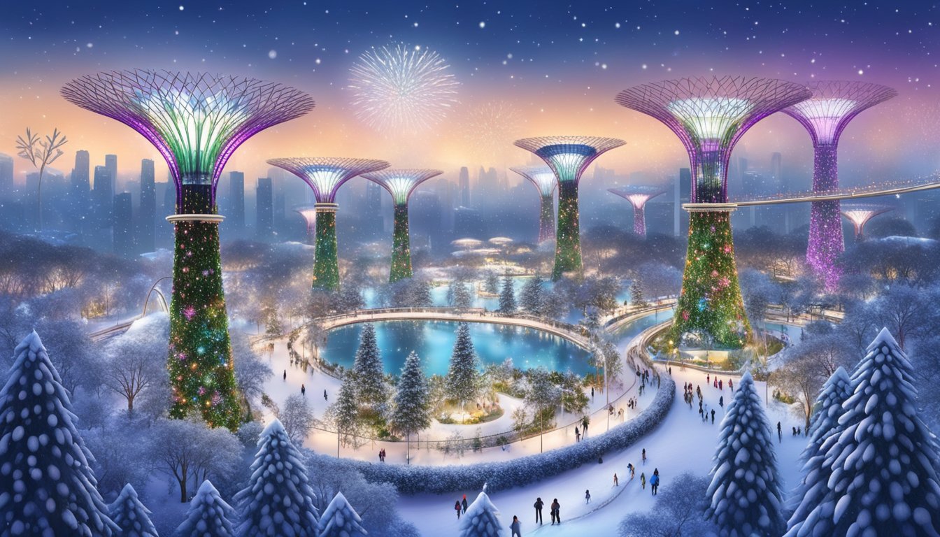 Snow-covered gardens, towering supertrees, and sparkling lights create a magical winter wonderland at Gardens by the Bay, Singapore