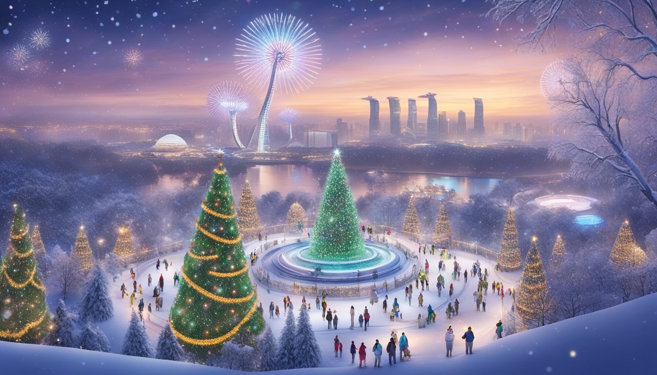 Snow-covered gardens with twinkling lights, towering trees, and enchanting sculptures. A magical atmosphere with colorful displays and captivating attractions at Gardens by the Bay, Singapore's winter wonderland