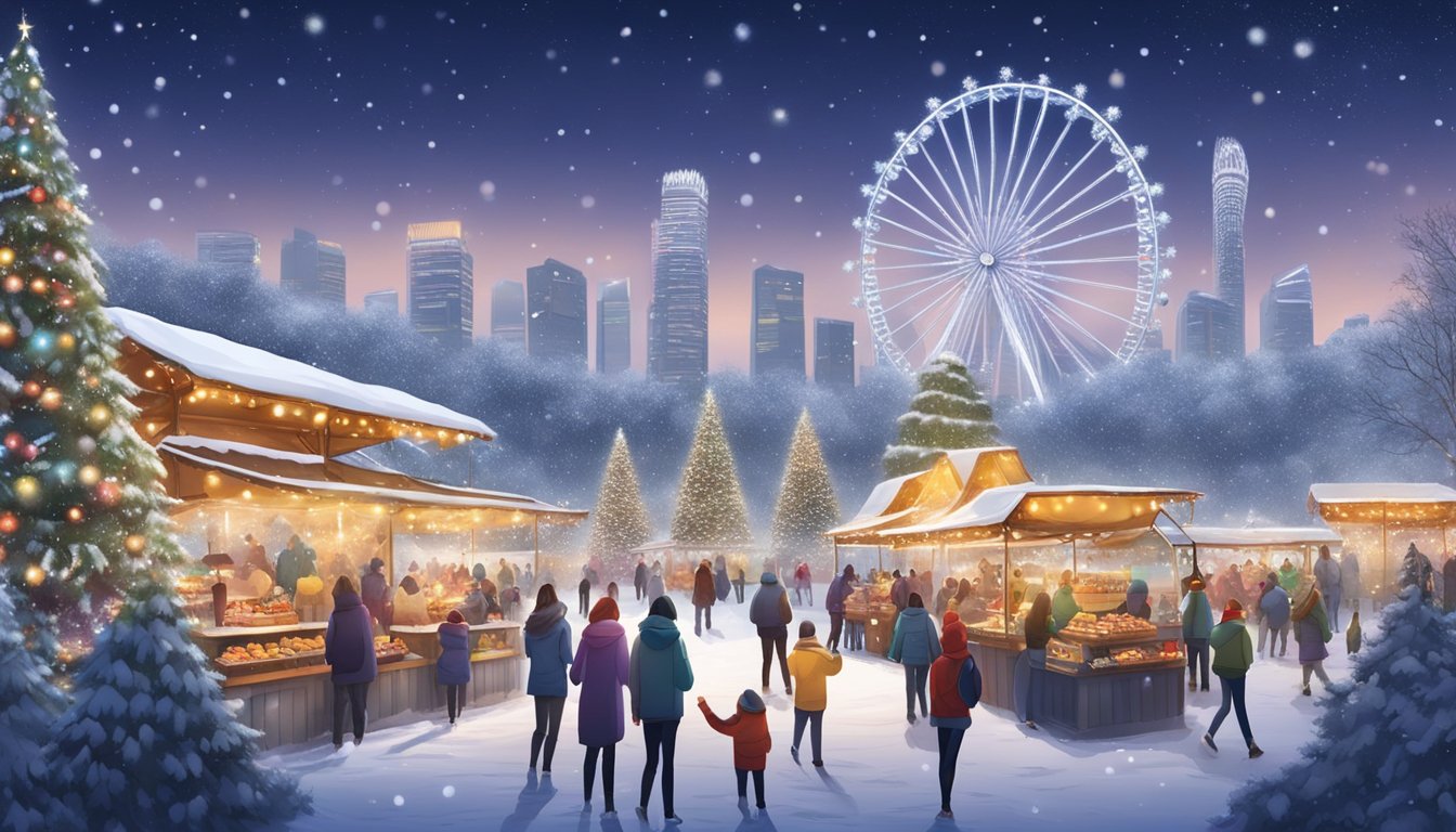 A snowy wonderland with twinkling lights, snow-covered trees, and festive food stalls at Gardens by the Bay, Singapore