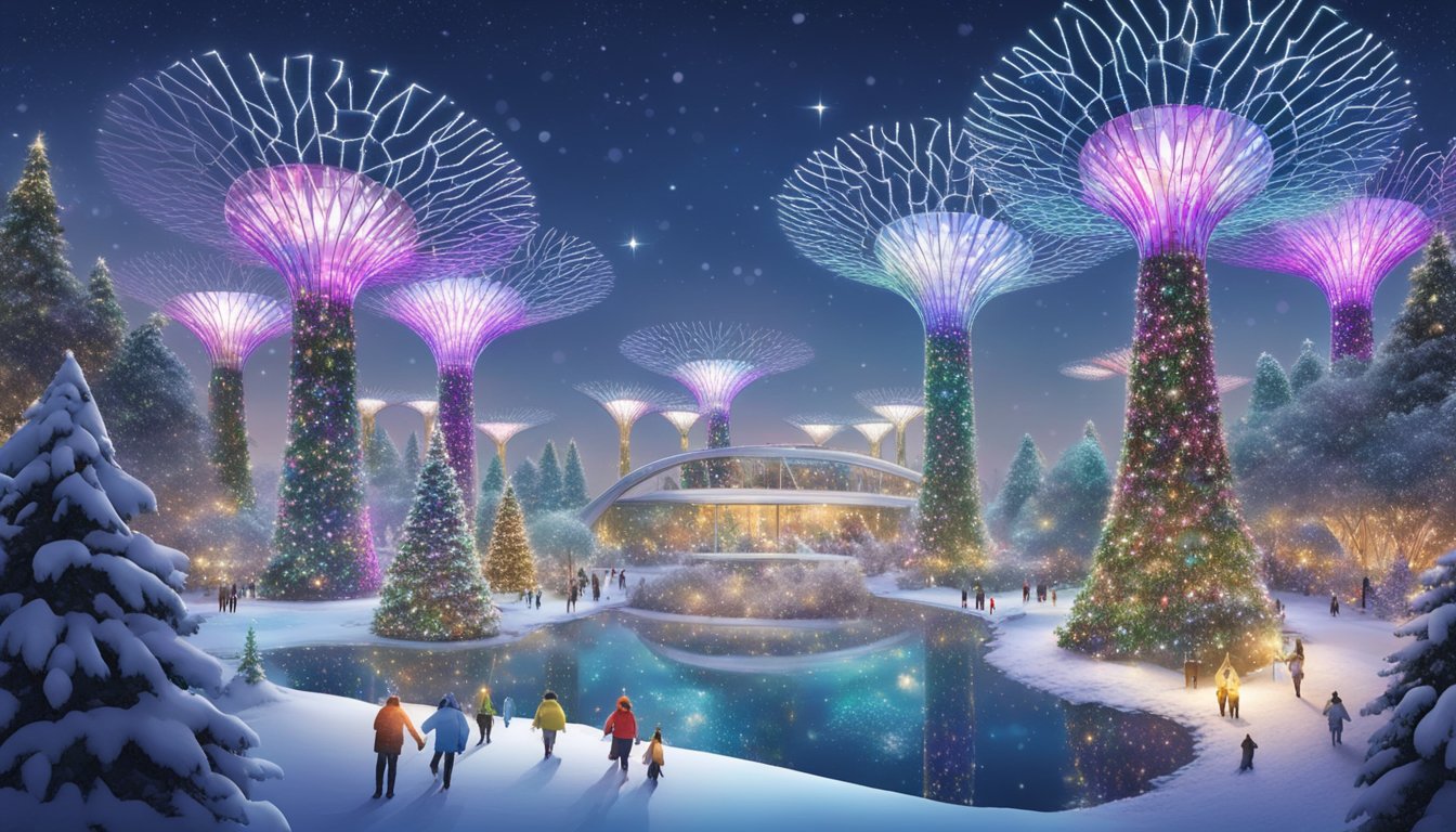 Snow-covered gardens with twinkling lights, towering trees, and festive decorations at Gardens by the Bay in Singapore