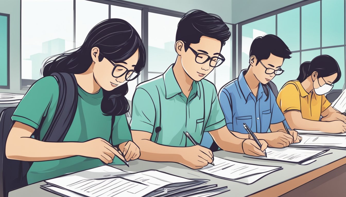 A group of students eagerly filling out forms at a Yayasan Mendaki study loan application center in Singapore