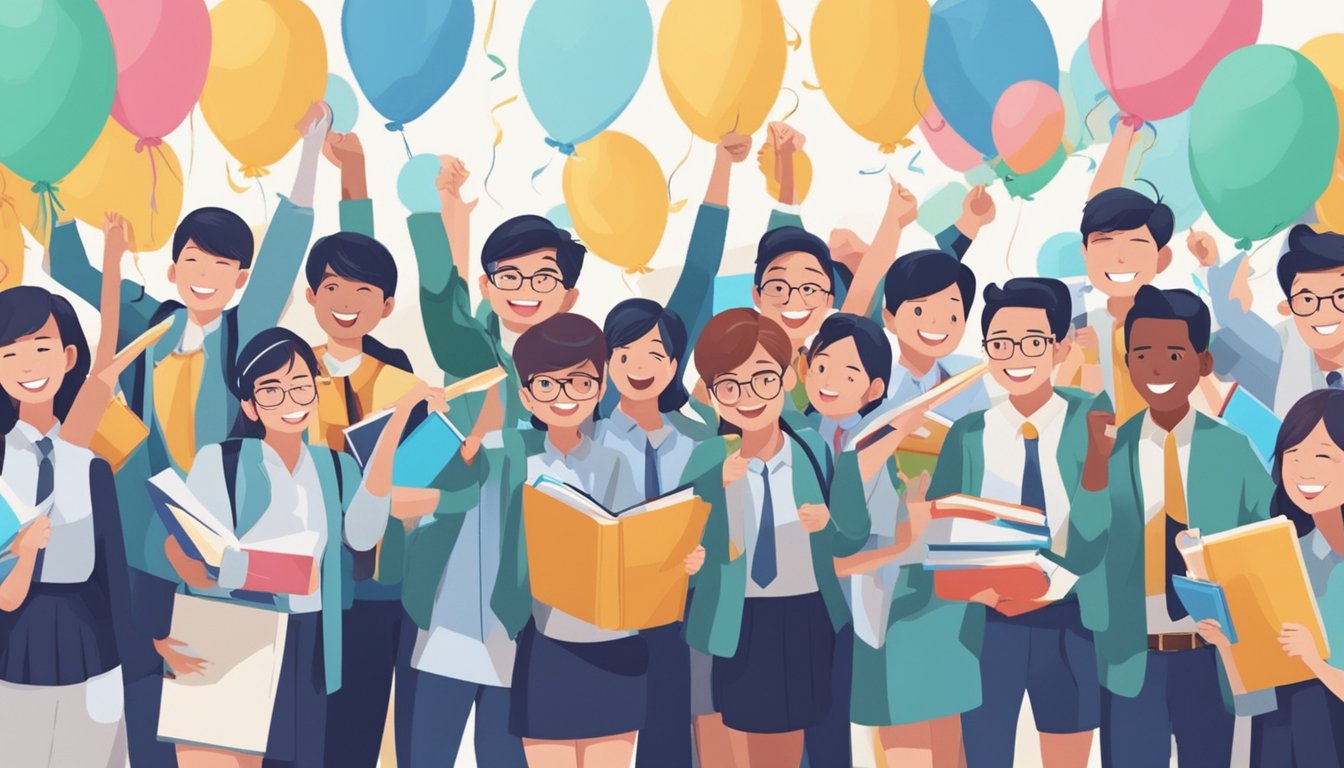 A group of students celebrating with banners and balloons, surrounded by books and laptops, symbolizing successful completion of their study loan with Yayasan Mendaki in Singapore