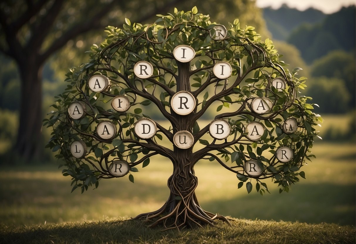 An intricate family tree with the name "Alora" at the center, surrounded by branches and leaves symbolizing ancestry and related names