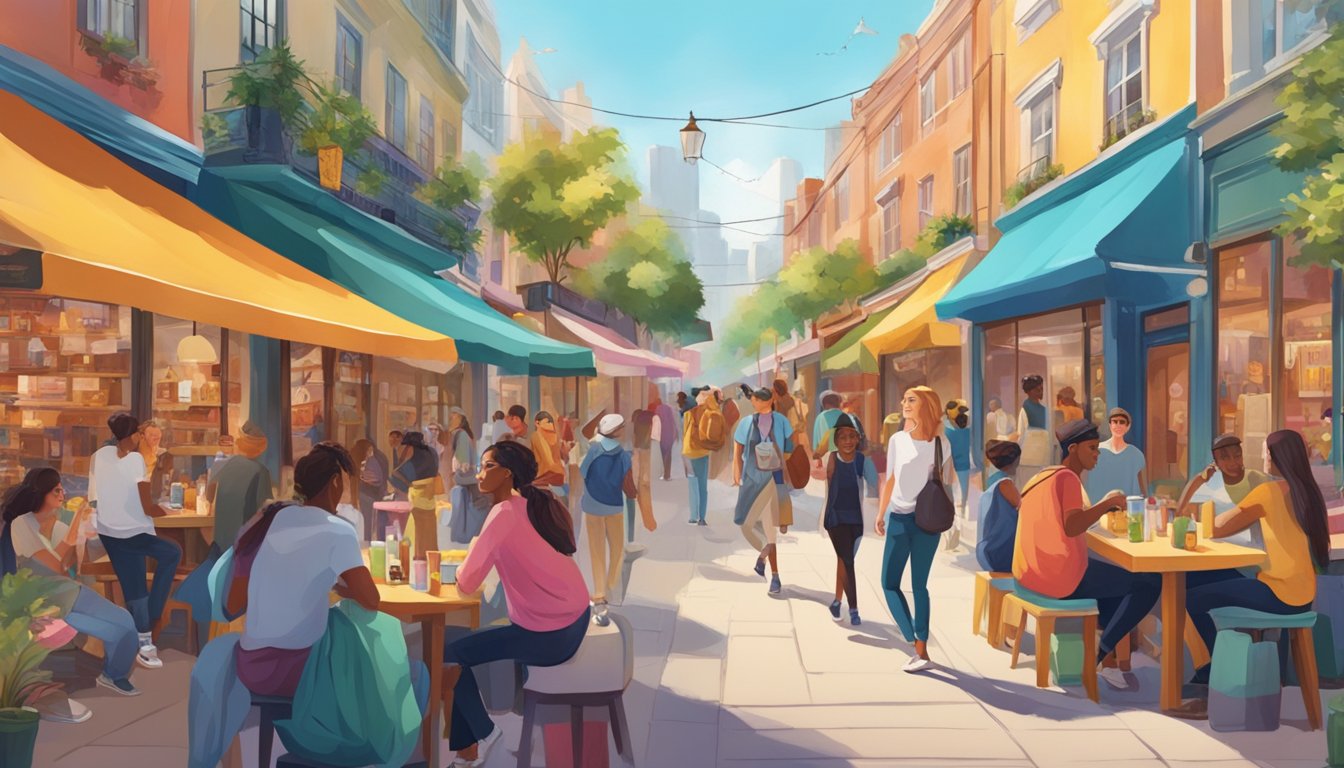 A vibrant street lined with colorful murals, bustling cafes, and trendy shops, filled with groups of young people chatting and laughing