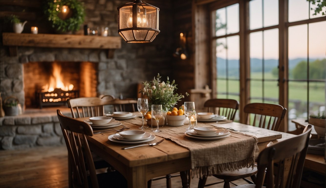 A cozy dining room with rustic decor, a crackling fireplace, and a table set with local cuisine. A charming inn with welcoming rooms and a scenic view of the countryside