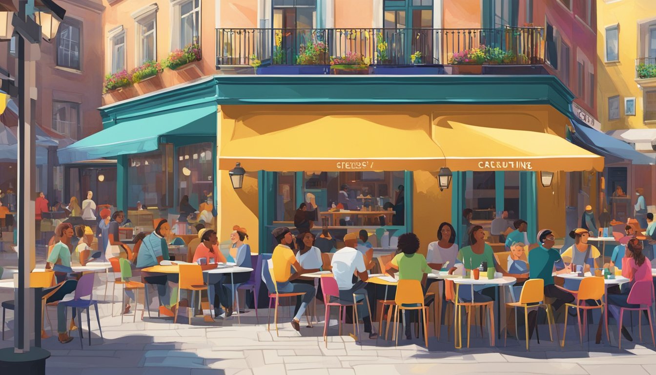 A bustling outdoor café with colorful chairs and tables, surrounded by vibrant street art and filled with young people chatting and laughing
