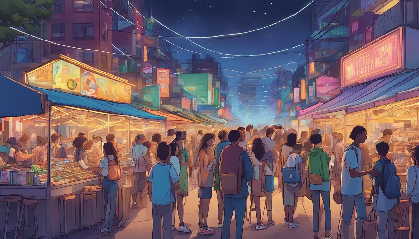 A bustling night market with neon lights, food stalls, and lively music. Teens gather around arcade games and outdoor movie screenings