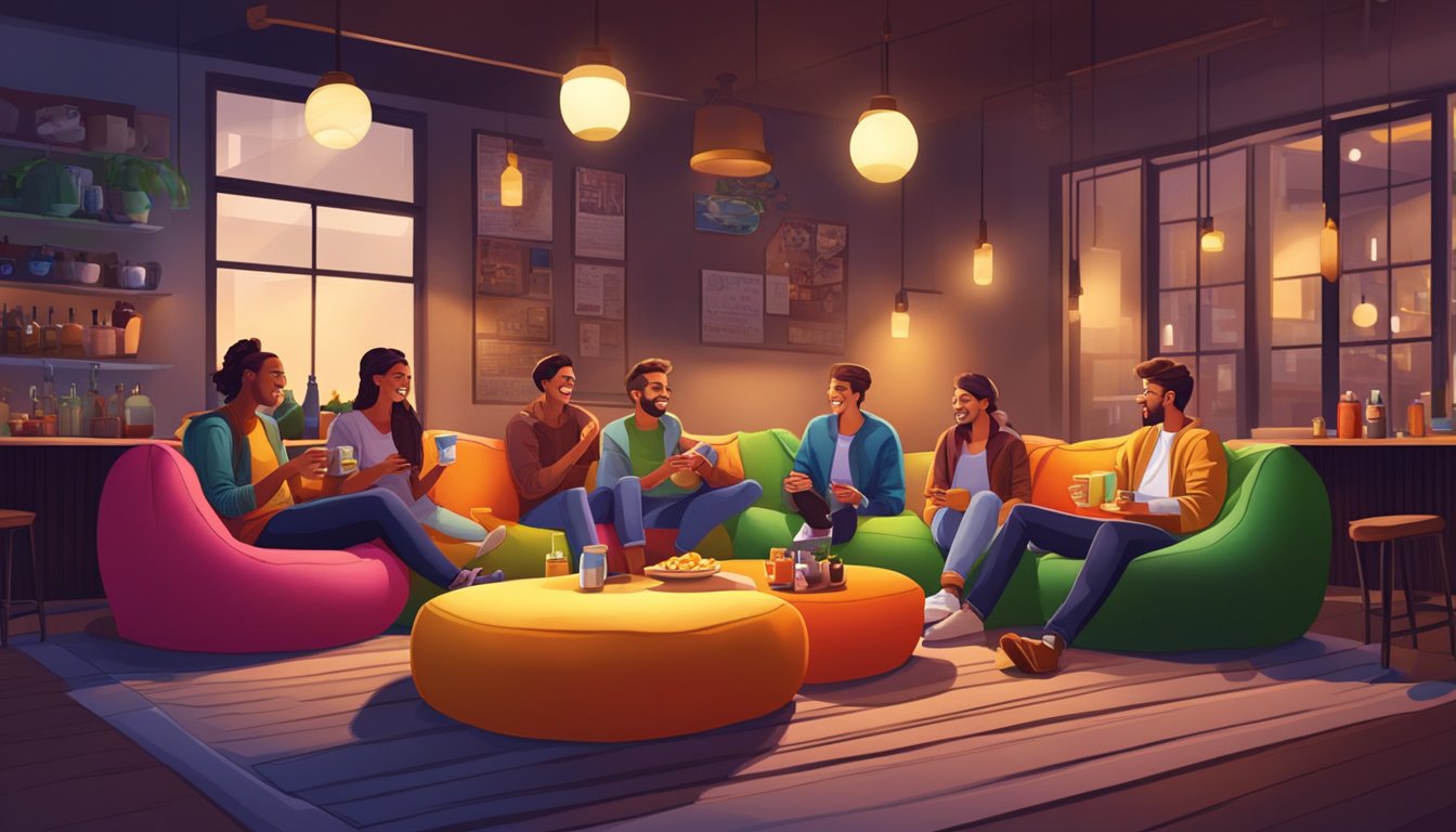 A cozy cafe with colorful bean bags, low tables, and dim lighting. A group of friends chatting and laughing over drinks and snacks