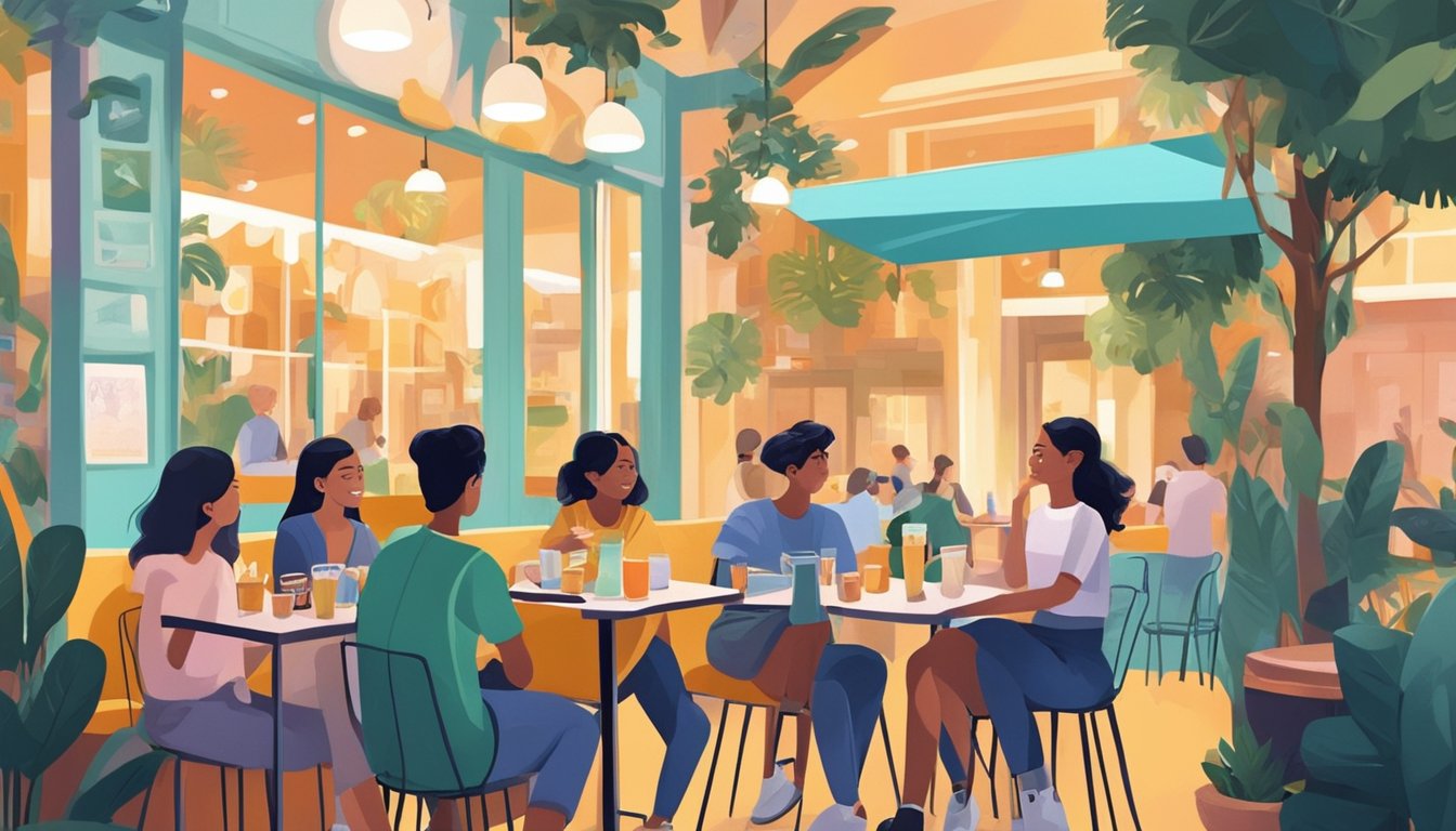 A group of young people gather at a trendy cafe, chatting and laughing over drinks and snacks. The vibrant atmosphere and modern decor create a welcoming and lively youth hangout spot in Singapore
