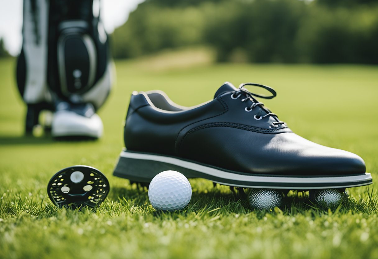 A pair of spiked and spikeless golf shoes placed next to a disc golf basket on a grassy course
