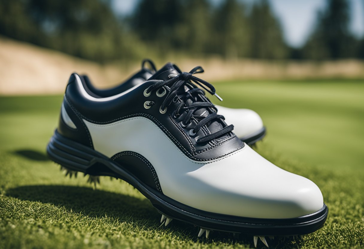 A golf shoe with both spiked and spikeless soles, showcasing the versatility for playing disc golf