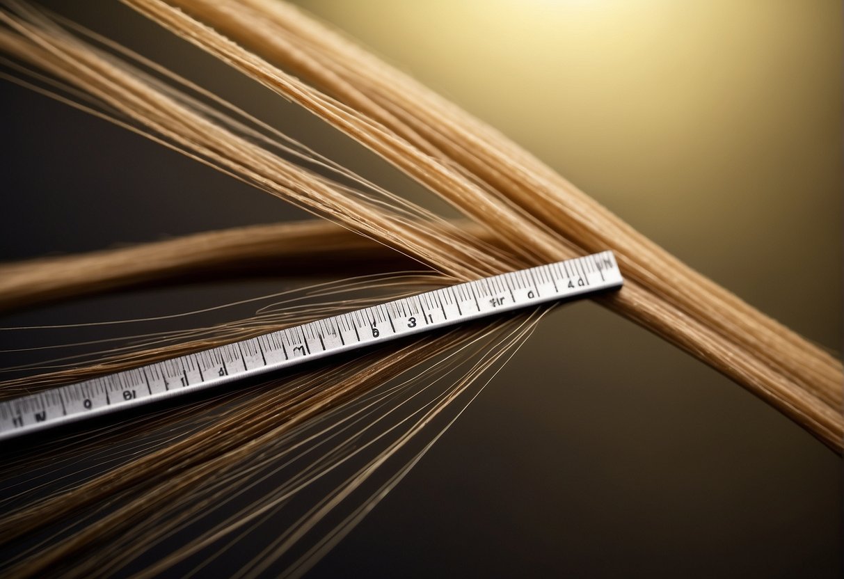 Hair grows 0.3-0.5 mm per day. Show a close-up of a single hair follicle with a ruler measuring the daily growth