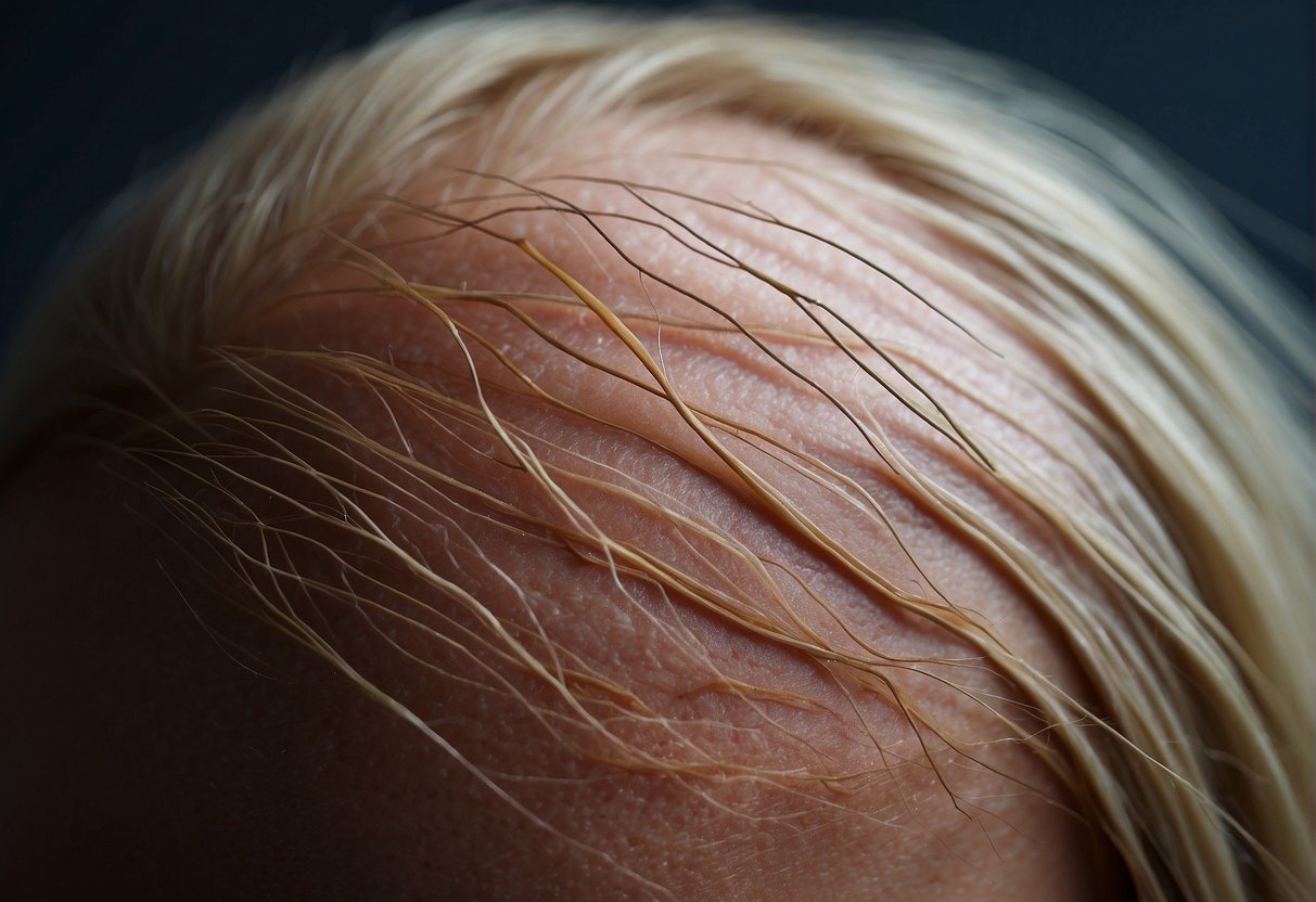 A close-up of a scalp with hair follicles, surrounded by nourishing blood vessels and receiving nutrients from the roots to stimulate hair growth
