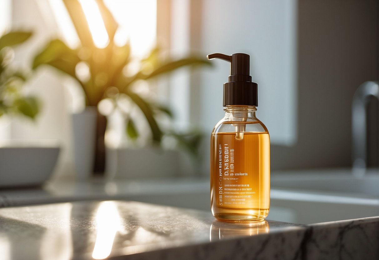 A bottle of hair growth serum sits on a clean, white bathroom counter. Sunlight streams in from the window, casting a warm glow on the product
