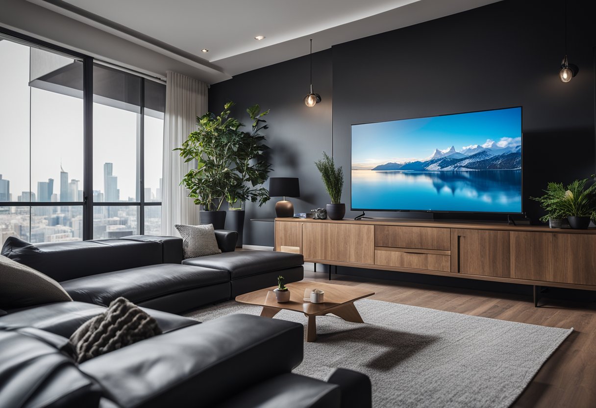 A modern living room with a sleek TV displaying IPTV Free Trial - IPTVOID in 4K FHD HD quality, with the IPTVOID logo prominently featured