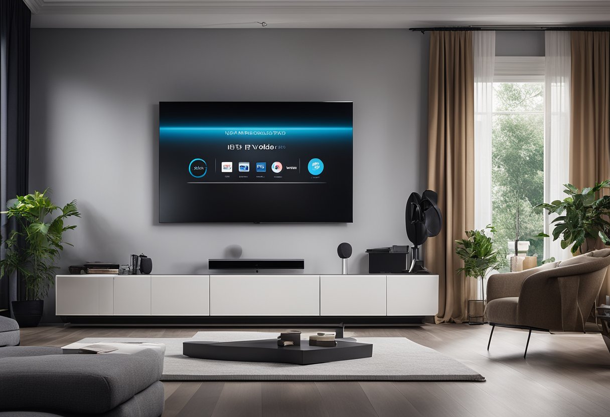 A modern living room with a sleek TV displaying IPTV Free Trial - IPTVOID in 4K FHD HD Quality. The room is minimalistic with a megaott device connected to the TV