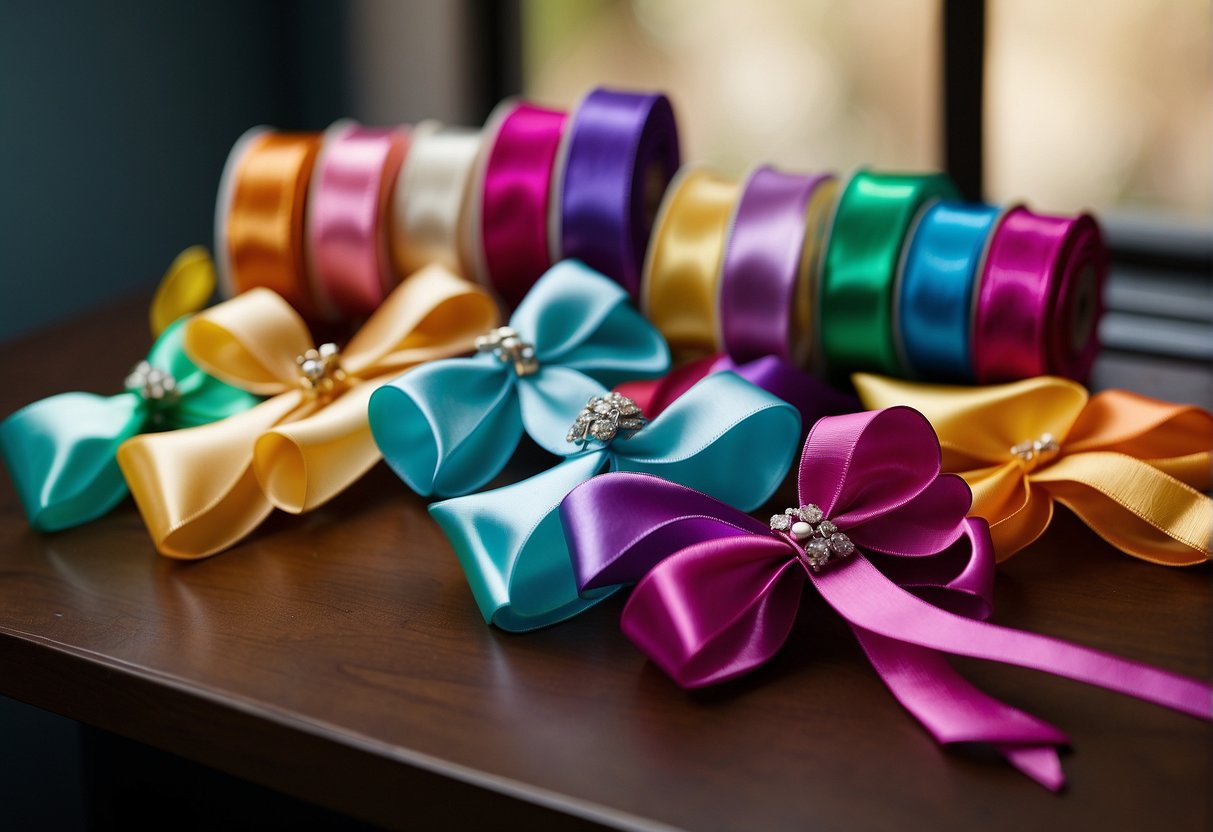 A table with colorful ribbons, scissors, and a hair clip. A step-by-step guide on how to make hair bows