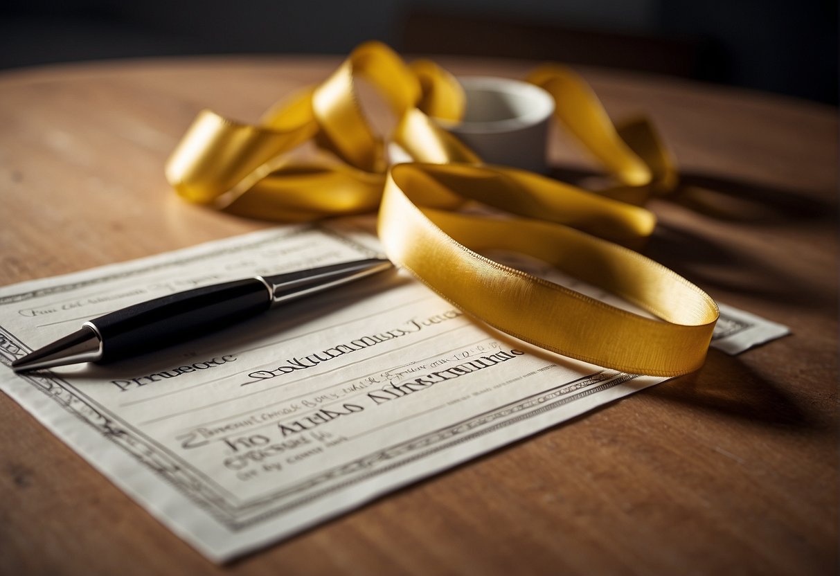 A table with ribbons, scissors, and glue. Steps written on a piece of paper. Bright, natural lighting
