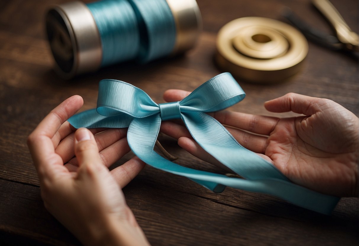A hand holding a piece of ribbon, looping and tying it into a hair bow. A pair of scissors and a spool of ribbon sit on a table