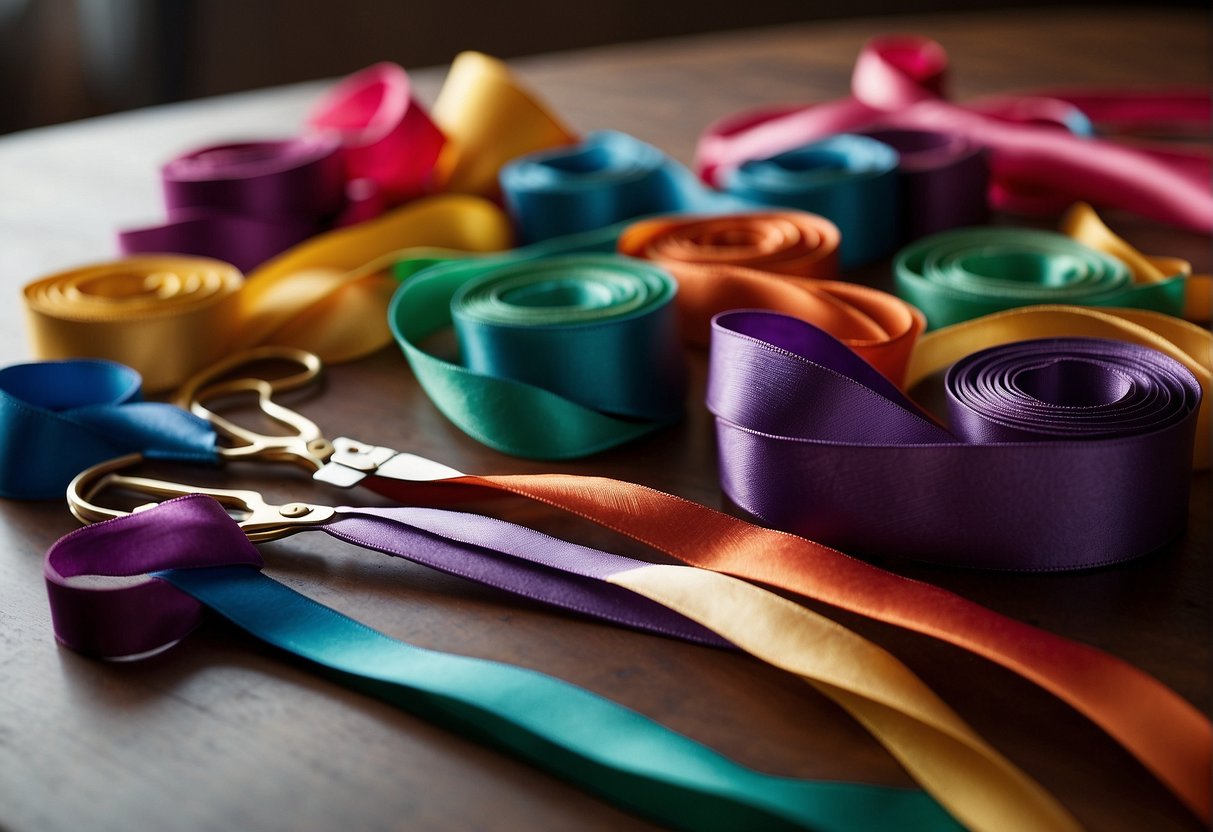 A table with colorful ribbons, scissors, and a step-by-step guide on making hair bows