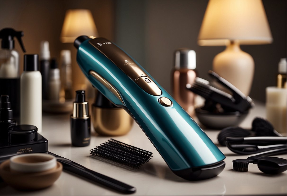 A flat iron creating waves in hair, with instructions in Spanish, surrounded by beauty products and tools